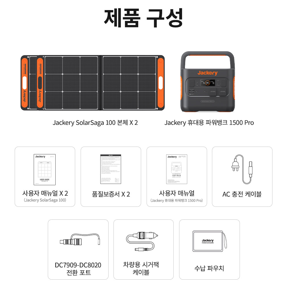 Jackery  Solar Generator 1500 Pro 휴대용 파워뱅크 세트1500 Pro+태양광패널100W*2